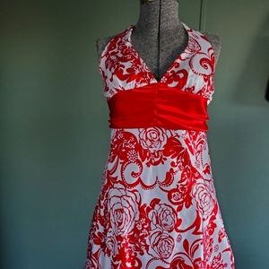 Red and White Satin Floral Dress